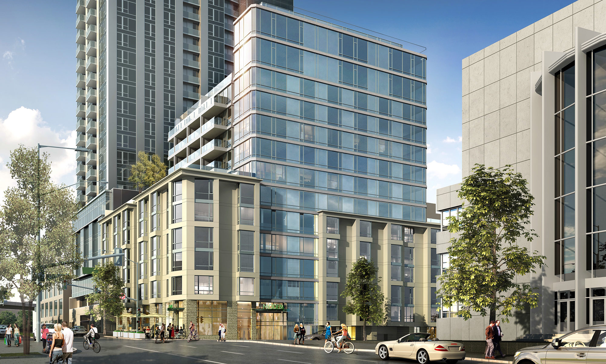 Rendering of high rise from street view showing residential units, retail, and walkways.