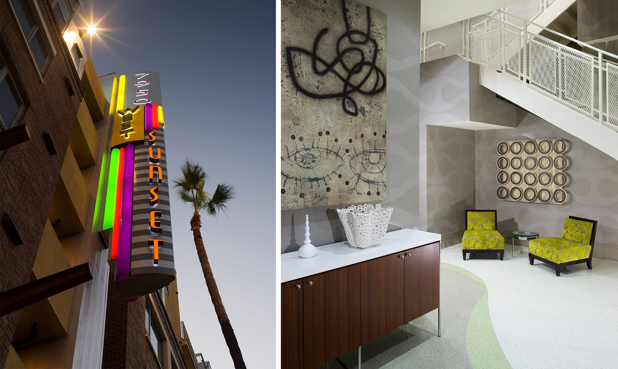 Collage of building signage "West Sunset" and lobby area with stair case.