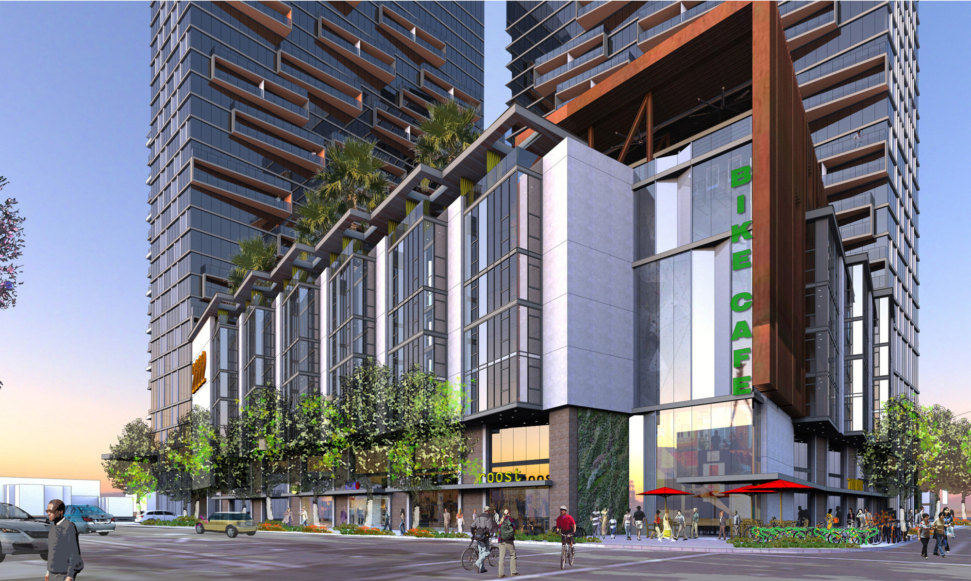 Rendering of high rise from street view at an upwards angle. Showing the retail and walkway spaces.