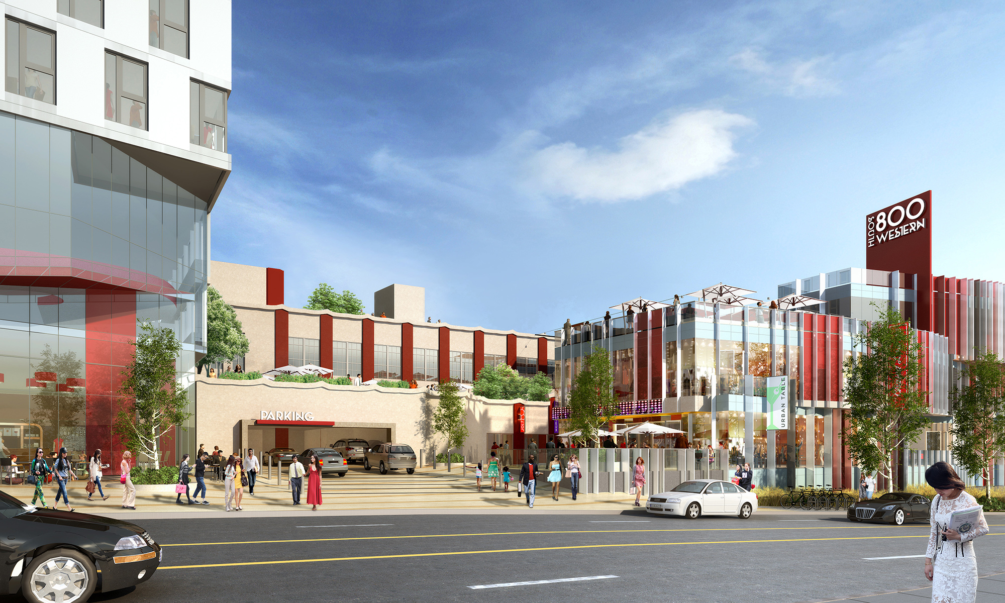 Rendering from street view featuring the parking garage and retail