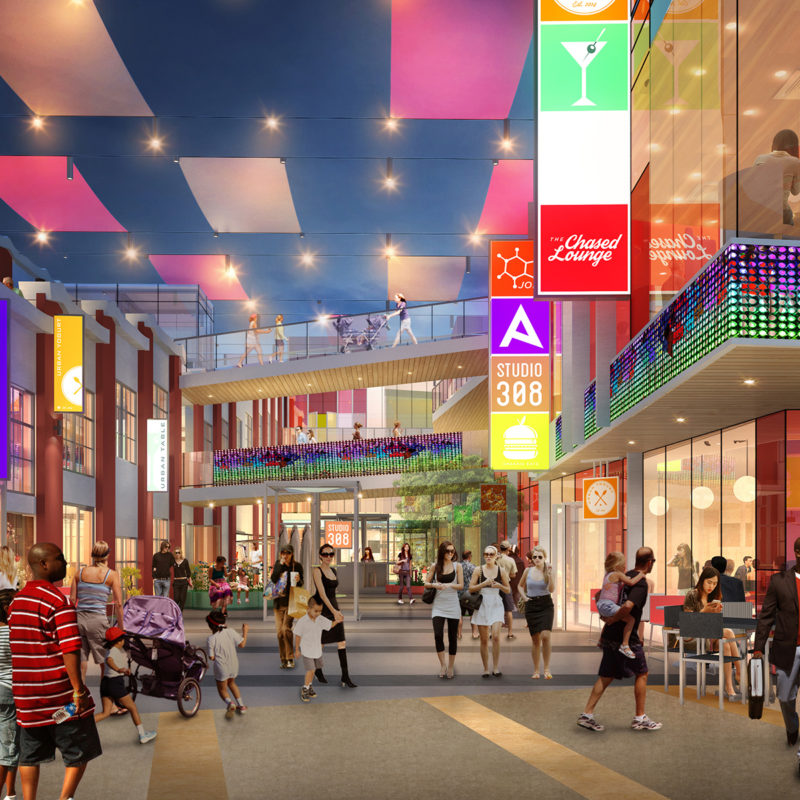 Rendering of vibrant retail area with variety of colors and lights