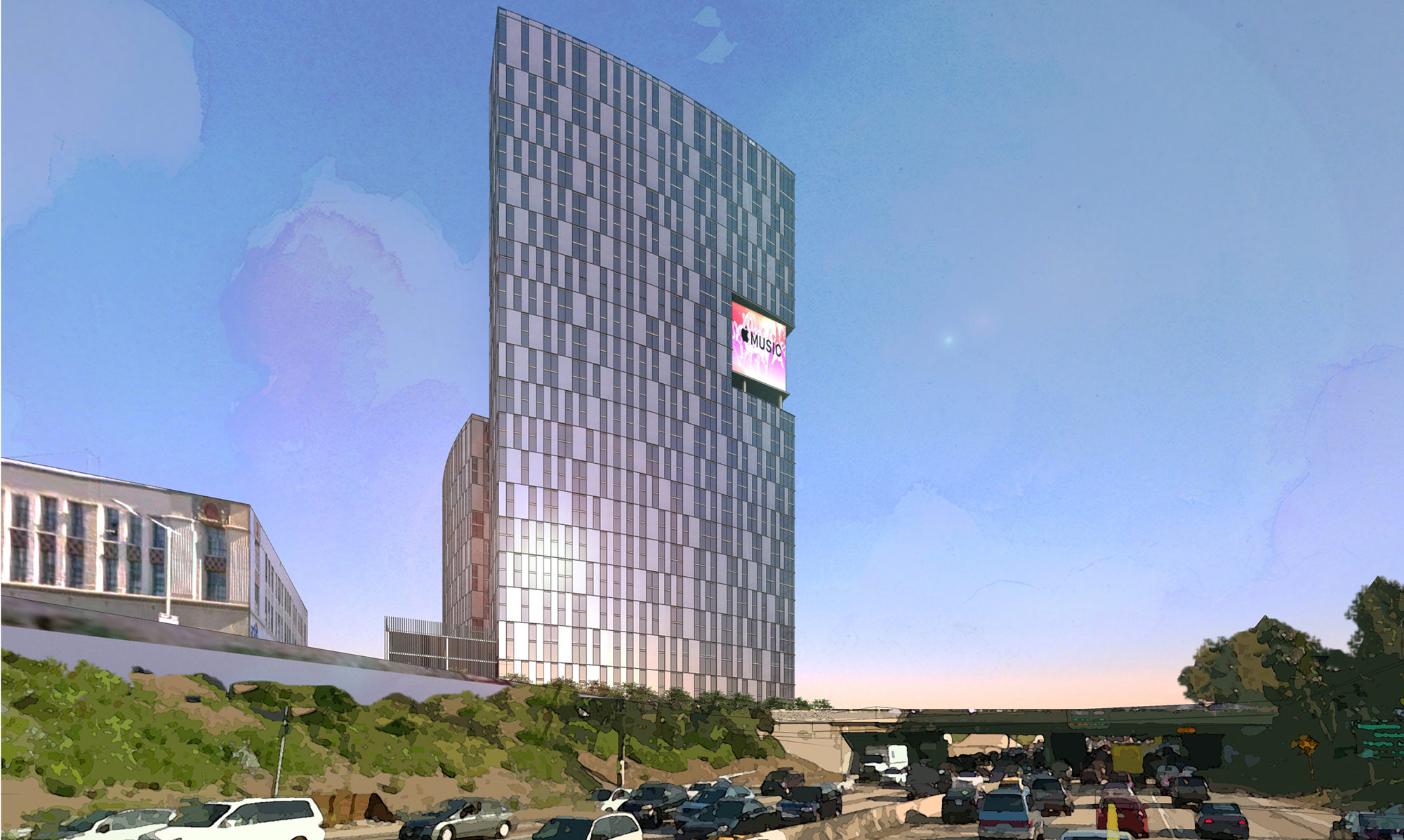Rendering of silver high rise from across the street view.