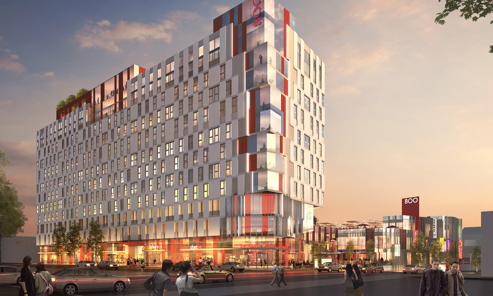 Rendering from street view of front mixed-use project with accents of red.