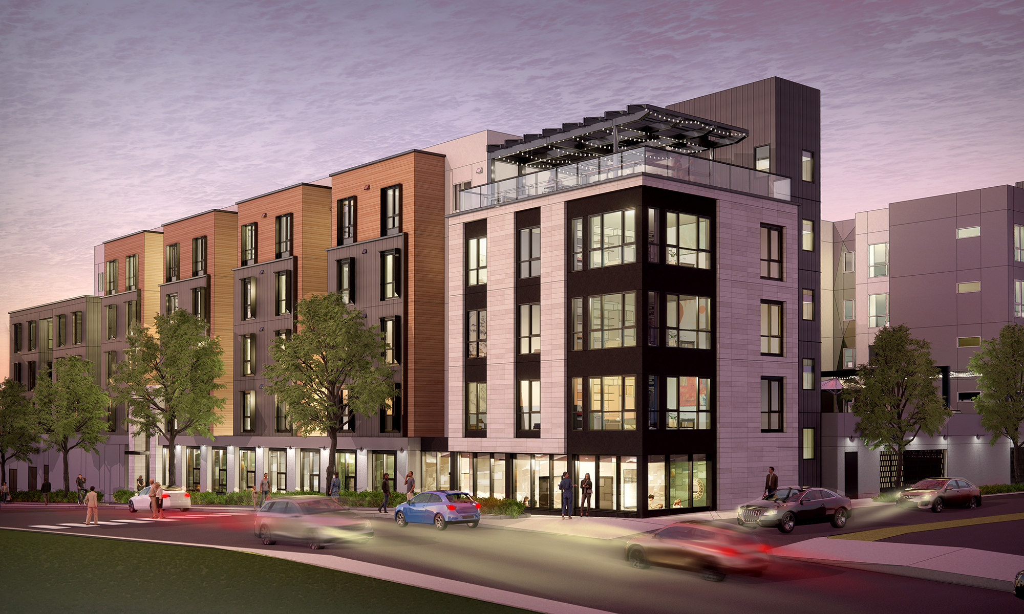 Exterior rendering of affordable multifamily building.